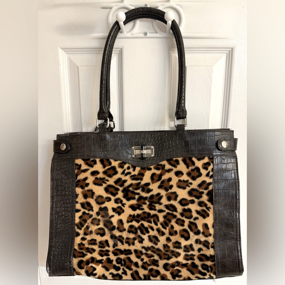 Bueno Brown Vegan Leather and Leopard Print Faux Fur Laptop Satchel Purse